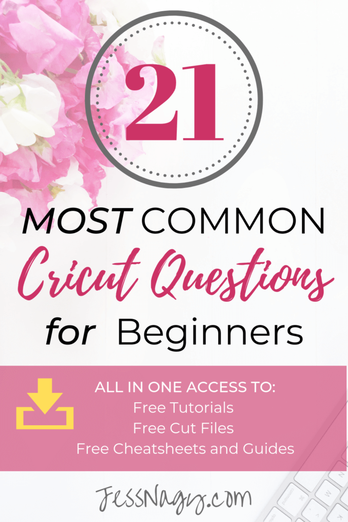 White desk with pink flowers and keyboard, text overlay with 21 Most Common questions for Cricut Beginners 