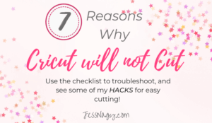 Pink background with stars on the corners, text saying 7 reasons Cricut will not cut