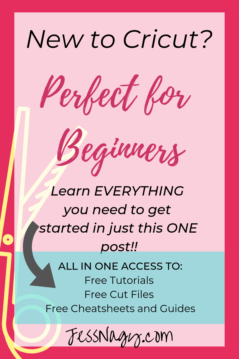 Pink background with yellow scissors on the side, text overlay New to Cricut? Pefect for beginners-Learn everything you need to get started in one post